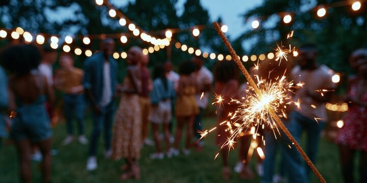 A brightly lit sparkler in the foreground, casting a warm glow, with a festive backyard party in the background. 4th july, memorial. independence