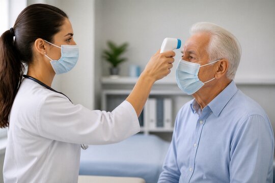 Healthcare worker taking temperature of elderly patient in clinic