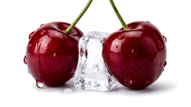 Juicy red cherries with water droplets and a single ice cube, a refreshing summer fruit still life on white background