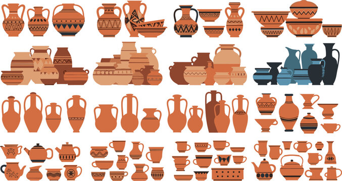 Traditional pottery collection vector illustration with ceramic vases jugs bowls and handmade clay tableware isolated on white background