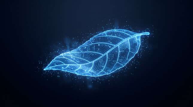 Abstract digital leaf representation symbolizing biotechnology and futuristic sustainable energy with glowing blue particle network