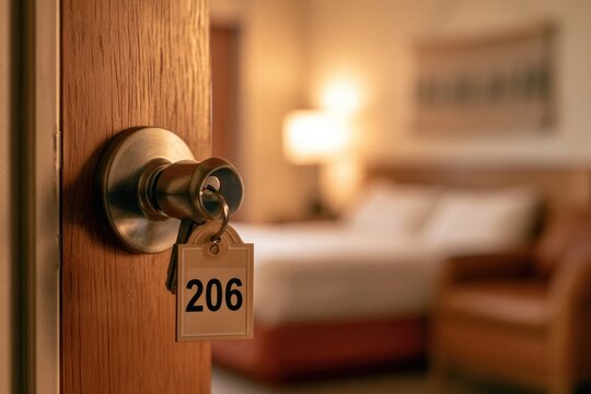 Hotel Room Door Ajar with Key and Room Number 206 Visible.