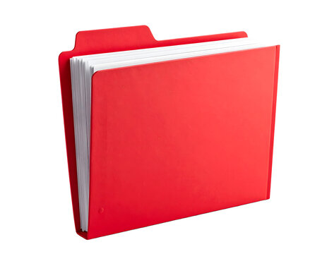 A bright red folder filled with white paper stands open, showcasing its contents within a studio shot