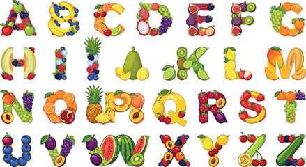 Naklejka premium Colorful fruit alphabet vector typography set featuring creative capital letters from A to Z made of fresh healthy organic fruits,