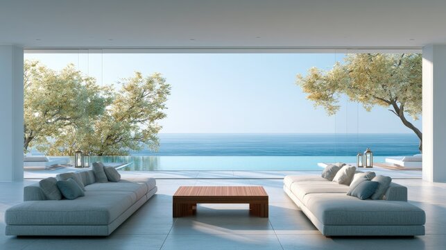 Modern Luxury Living Room with Ocean View and Infinity Pool.