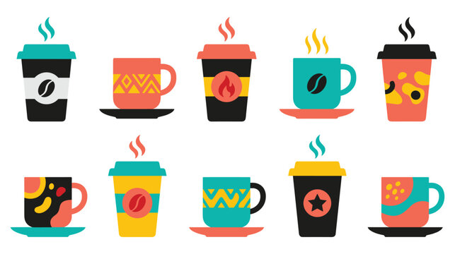 Set of modern colorful coffee cups in various designs and patterns for cafe shop branding.