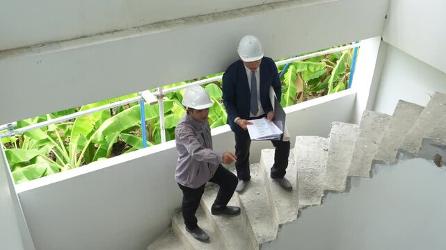Construction workers inspecting an unfinished building while climbing stairs, promoting safety, teamwork and construction site management.