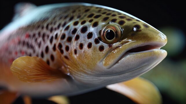 Brown Trout Up Close: A detailed, close-up view of a wild brown trout, showcasing its intricate patterns of spots and scales, with its mouth slightly open as if about to swim away.