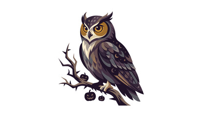 Fototapeta premium Halloween Owl on Branch: An illustration of a wise owl perched on a gnarled branch adorned with spooky jack-o'-lanterns, perfect for the Halloween season.