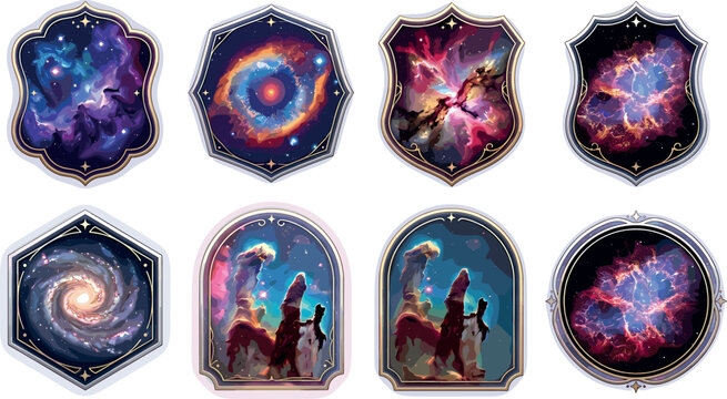 Cosmic galaxy nebula sticker vector set featuring space shield frames with spiral galaxy star cluster and pillars of creation