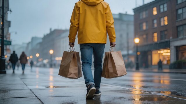 Person in yellow jacket carrying shopping bags