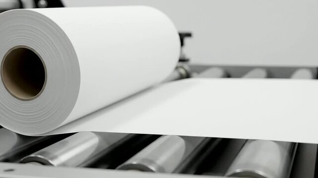 Isolated White Paper Roll Section Smoothly Moving Across Metal Rollers In A Clean Industrial Production Environment