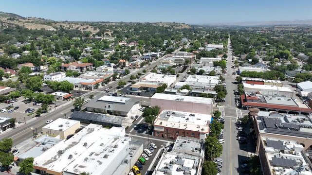 Paso Robles, California USA - Aerial View of Downtown With Vineyard Mountains and Wineries