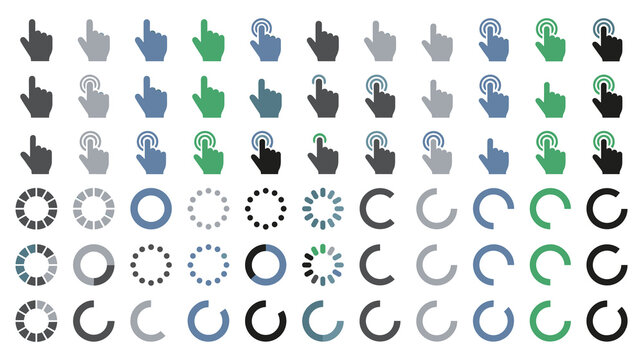 Set of human hand pointing and clicking icons and loading buffering progress indicator.