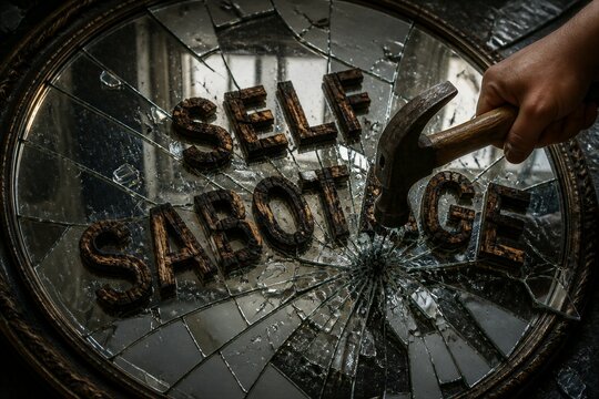 Round mirror showing self sabotage text shattered by hammer
