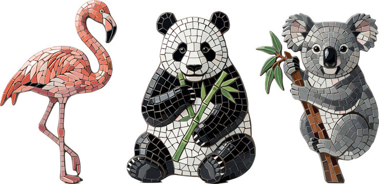 Beautiful colorful mosaic art animals set featuring intricate tile flamingo panda with bamboo and koala bear vector illustration