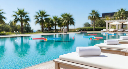 Fototapeta premium Swimming pool with sun loungers and towels at a tropical luxury resort on a bright sunny day in summer