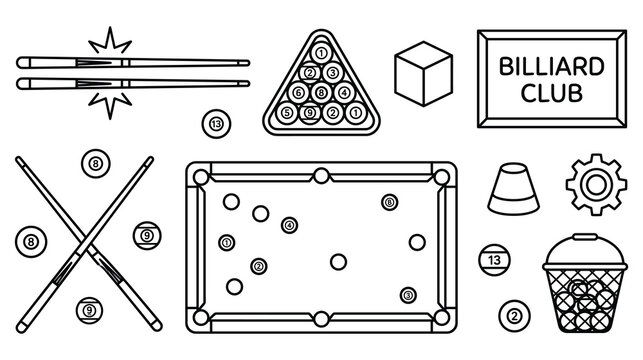 Billiard club icon collection with snooker cues balls triangle rack and table top view.