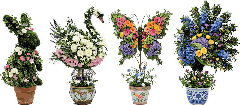 Beautiful topiary garden sculptures vector set featuring flower arrangements shaped like rabbit swan butterfly and majestic peacock,