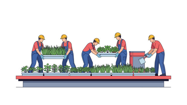 Farmers in hard hats working in an industrial greenhouse or urban farm illustration