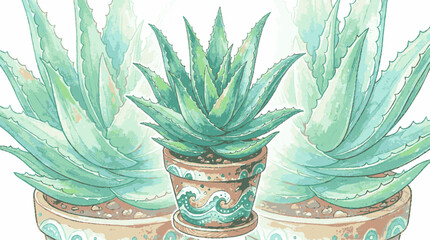 Obraz premium Watercolor illustration of potted succulent plants with wave patterned ceramic