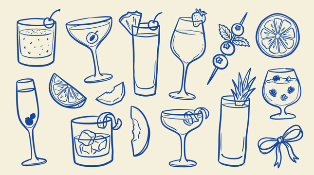 Cocktail Drink Doodle Icon Set Old Fashioned Daiquiri Martini Sangria Pitcher Champagne Sketch Illustration Bundle for Bar Menu Beverage Branding Packaging Design
