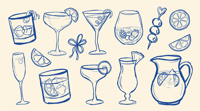 Cocktail Drink Doodle Icon Set Old Fashioned Martini Collins Spritz Hurricane Daiquiri Tropical Sketch Illustration Bundle for Bar Menu Beverage Branding Design
