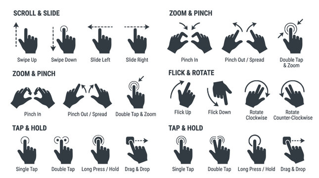 Touchscreen gesture and mobile interaction icons.
