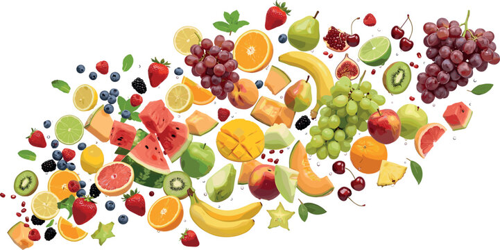 Floating fresh fruits explosion vector illustration featuring falling berries banana grapes orange melon mango strawberry and apple icons,