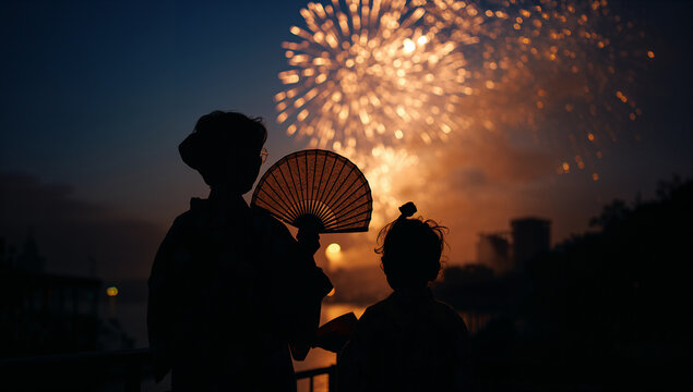 浴衣姿でうちわを手に涼みながら夜空の花火を見上げるおばあちゃんと孫のシルエット