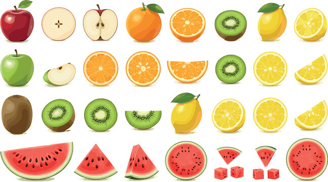 Fresh whole and sliced fruit vector set featuring realistic cross sections of apple orange kiwi lemon and watermelon elements