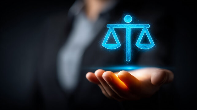 Business hand presenting justice scales hologram showing legal services, compliance guidance, ethical decision making, and law technology concept.

