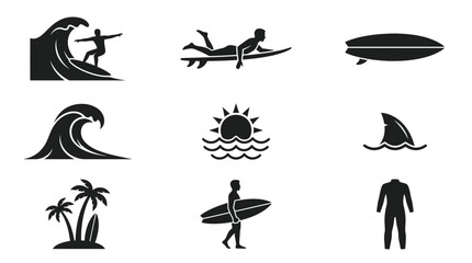 Obraz premium Black silhouette surfing icons set.