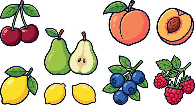 Cute cartoon summer fruit vector set featuring fresh cherries, pears, peaches, lemons, blueberries, and raspberries isolated on white.