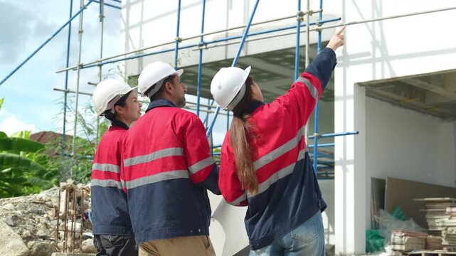 Construction engineers in safety helmets inspecting a residential building exterior, reviewing site progress, scaffolding and project management during an on-site construction inspection.