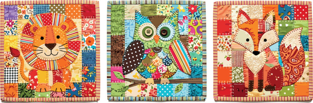 Cute patchwork quilt fabric block vectors featuring handmade stitched nursery cartoon lion owl and fox characters