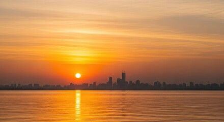 Fototapeta premium Golden hour city skyline at dusk stock photograph