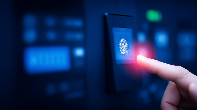 Finger scanning a biometric fingerprint reader representing identity verification, secure access and digital authentication.
