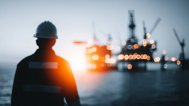 Engineer silhouette facing an industrial port representing maritime operations, shipping logistics and offshore infrastructure.
