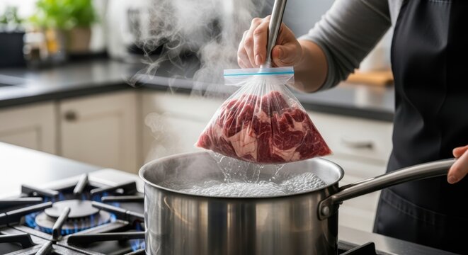 Chef preparing sous vide meat in kitchen stock photograph