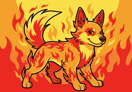 Fiery wolf dog composed of bright orange flames