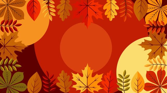 Warm autumn leaves surround a vibrant seasonal background with ample copy space, ideal for fall promotions, Thanksgiving, harvest events, greeting cards, banners, and nature themed videos.