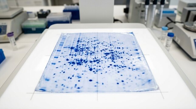 Two-dimensional gel electrophoresis 2D-GE gel with separated protein spots stained blue on a proteomics imaging platform.