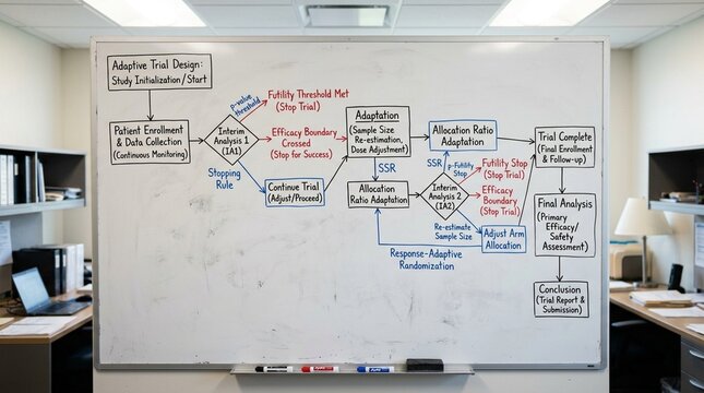 Adaptive trial design decision tree flowchart with interim analysis decision points on a biostatistician whiteboard.