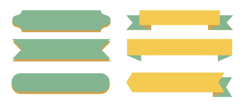 Set of blank vector ribbons and graphic banners in green and yellow colors for label design and text headers