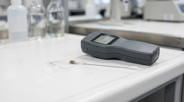 Decontamination validation adenosine triphosphate ATP bioluminescence swab and a handheld reader on a laboratory surface.