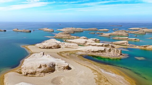 Aerial drone shot of water yardang landforms surrounded by turquoise water in the Qaidam Basin, Qinghai, China