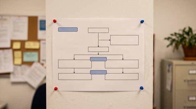 CONSORT flow diagram printout showing participant flow through a randomised controlled trial on a research office wall.