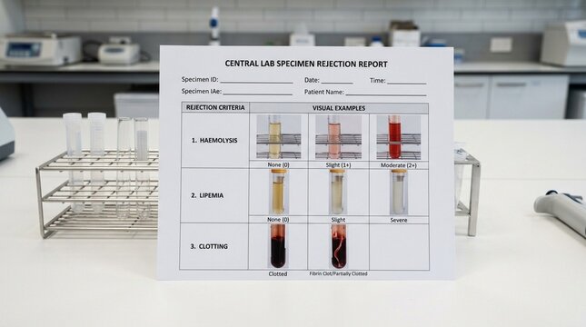 Central lab specimen rejection report showing haemolysis lipemia and clotting criteria with photographic examples.