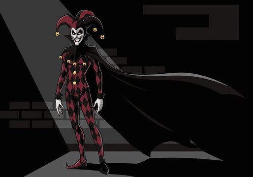 Jester with cape standing in dark room.